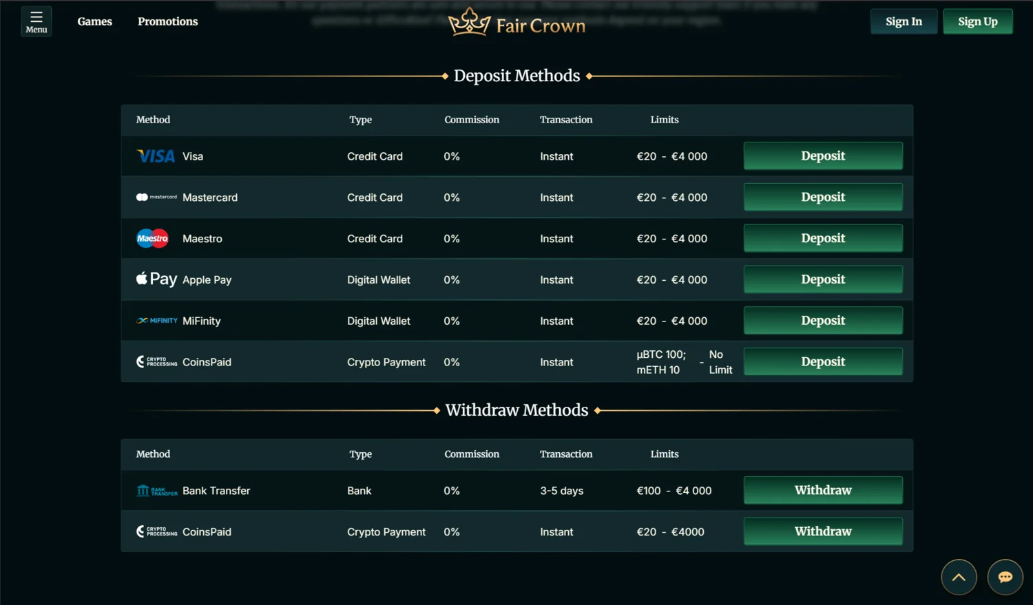 Fair Crown Casino Deposits and Withdrawals