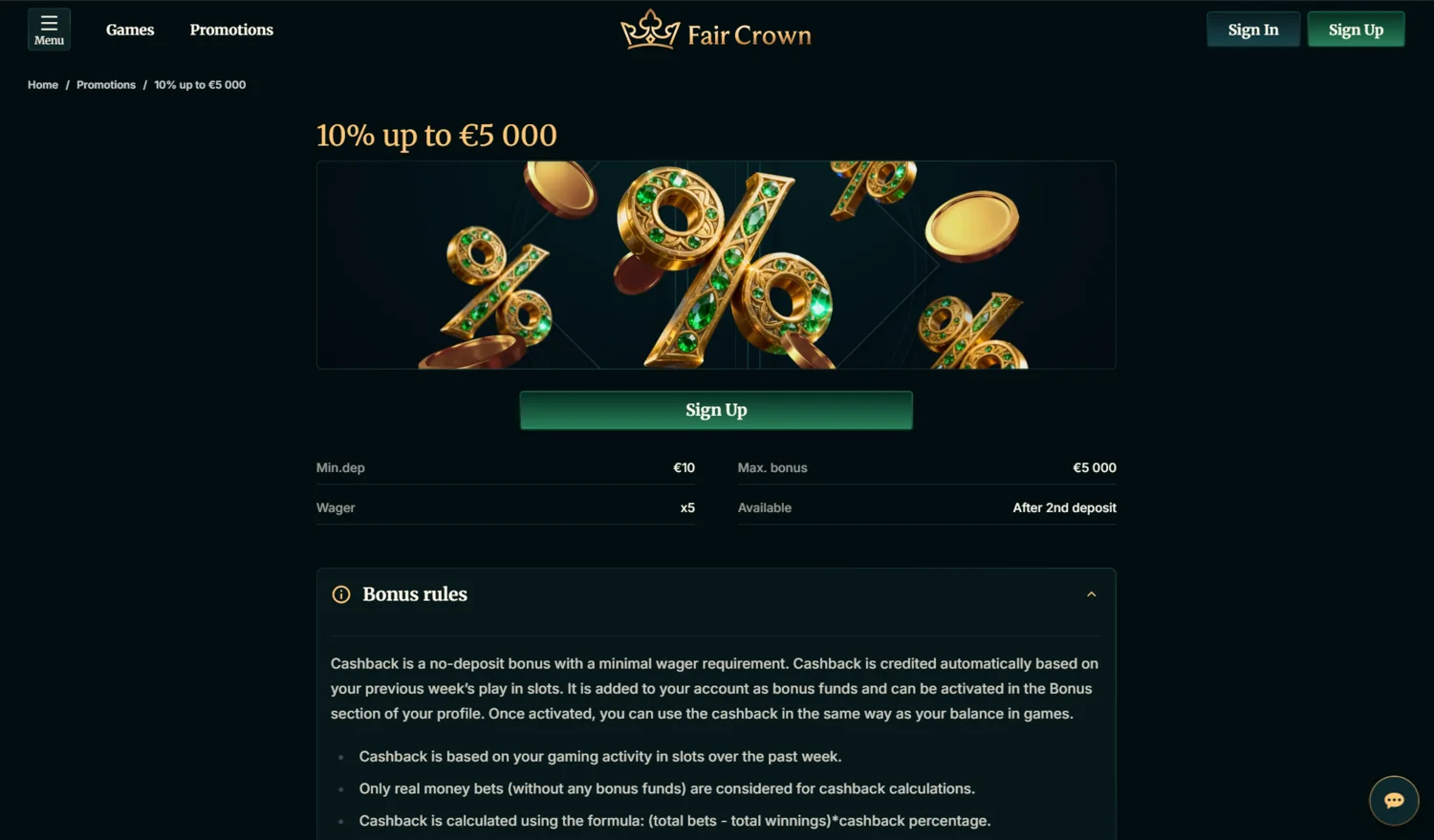 Fair Crown Casino Weekly Cashback
